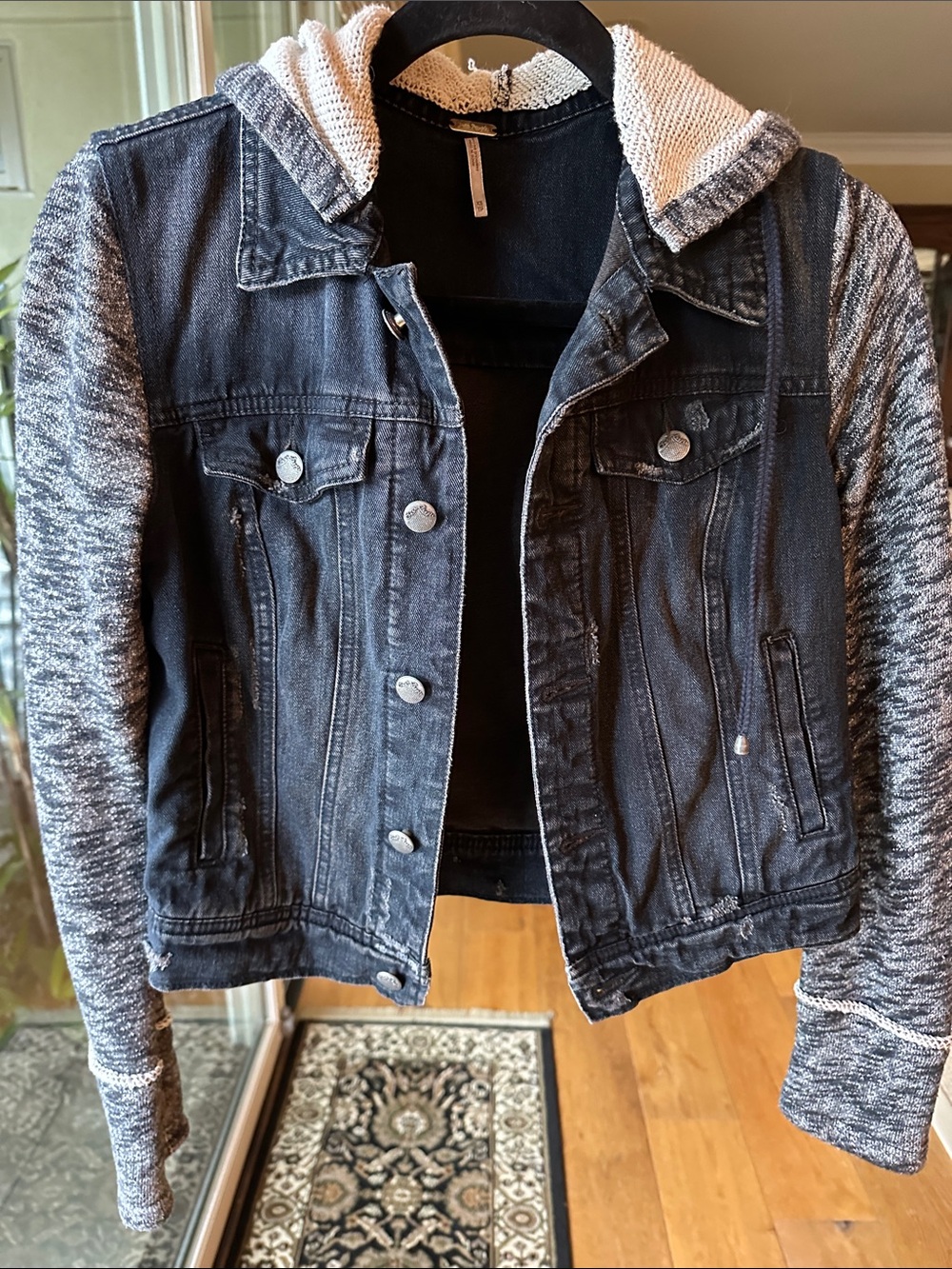 Free People Black Denim Jacket with Gray Knit Hood & Sleeves